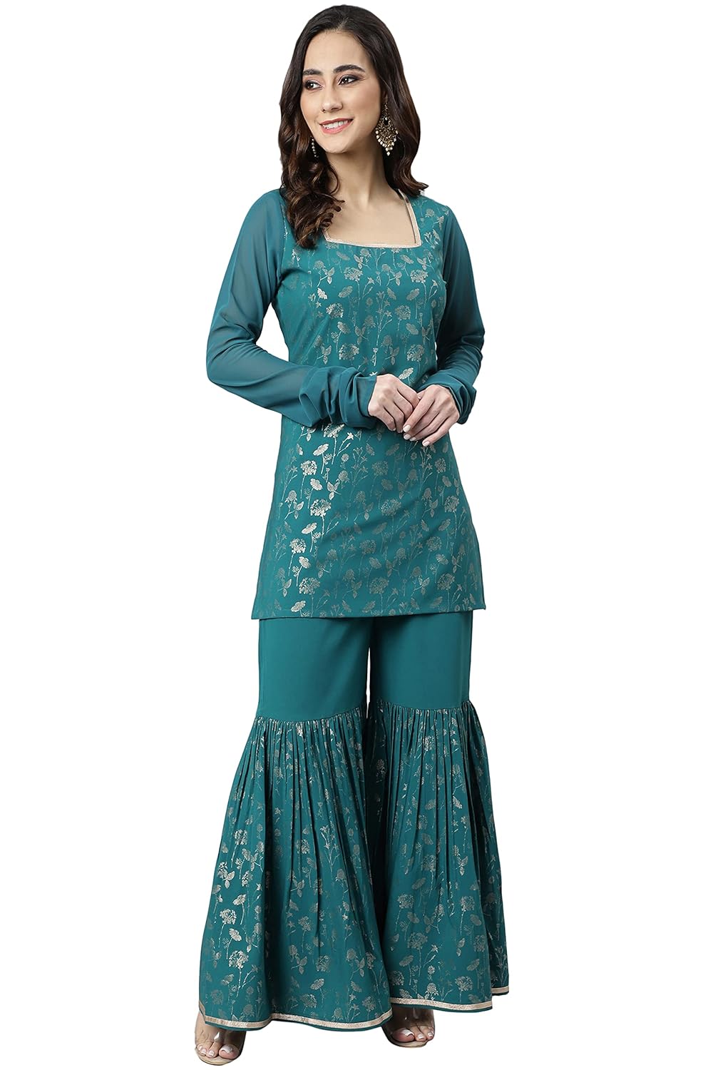 Janasya Women's Teal Crepe Gold Print Kurta with Gharara