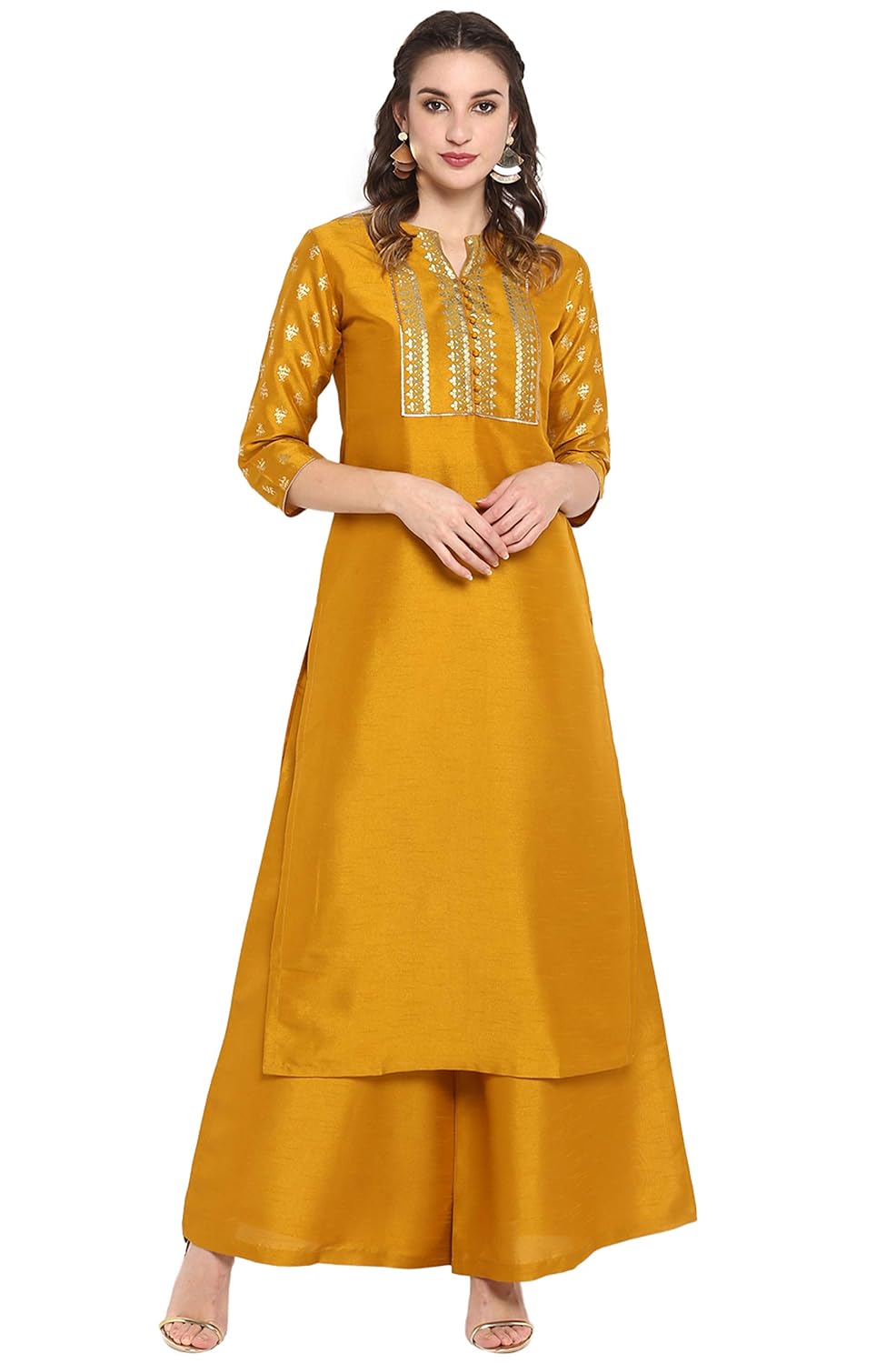 Janasya Women's Mustard Poly Silk Floral Print Kurta with Palazzo