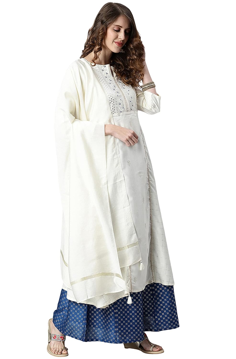 Janasya Women's Off- White and Silver Poly Silk Kurta With Palazzo and Dupatta