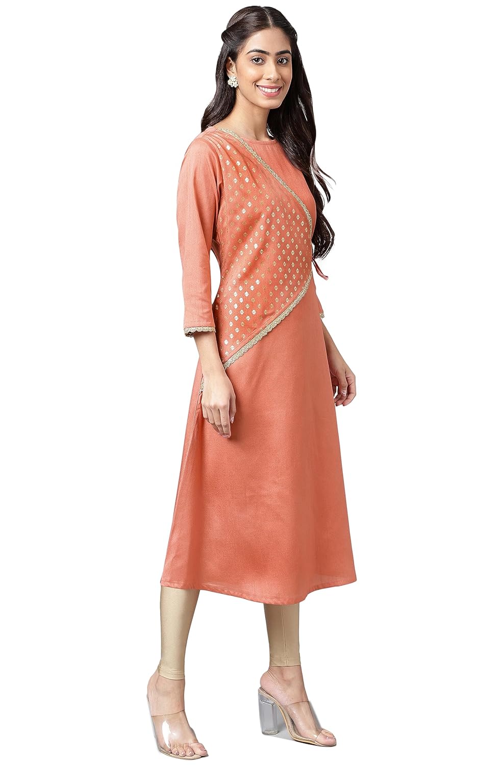 Janasya Women's Peach Crepe Silk Embellished A-Line Kurta
