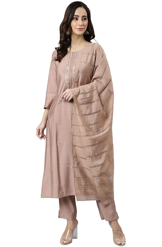 Janasya Women's Dusty Rose Viscose Blend Embroidered Kurta with Pant