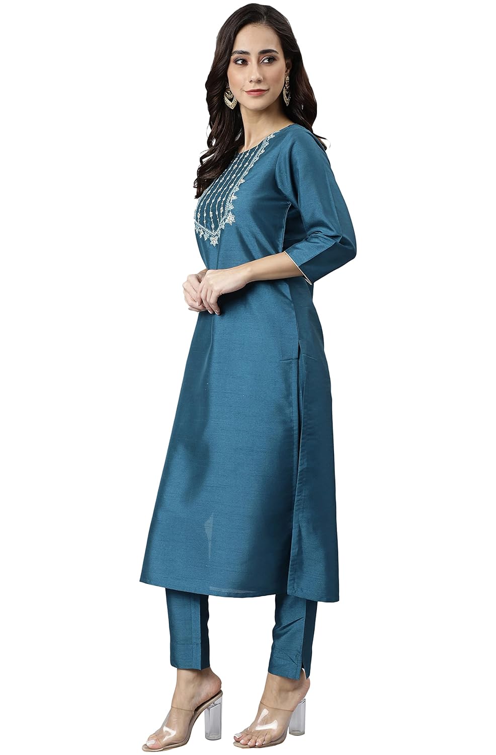 Janasya Women's Teal Poly Silk Solid Kurta with Pant and Dupatta