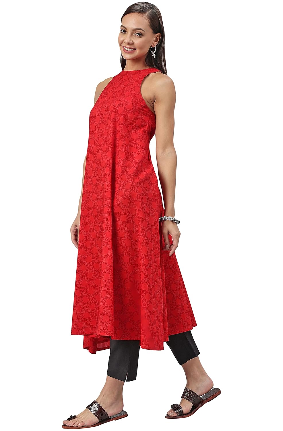 Janasya Women's Red Cotton Botanical Print Flared Kurta
