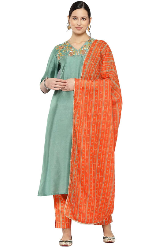Janasya Women's Sage Green Crepe Silk Yoke Embroidered Solid Kurta with Pant and Dupatta