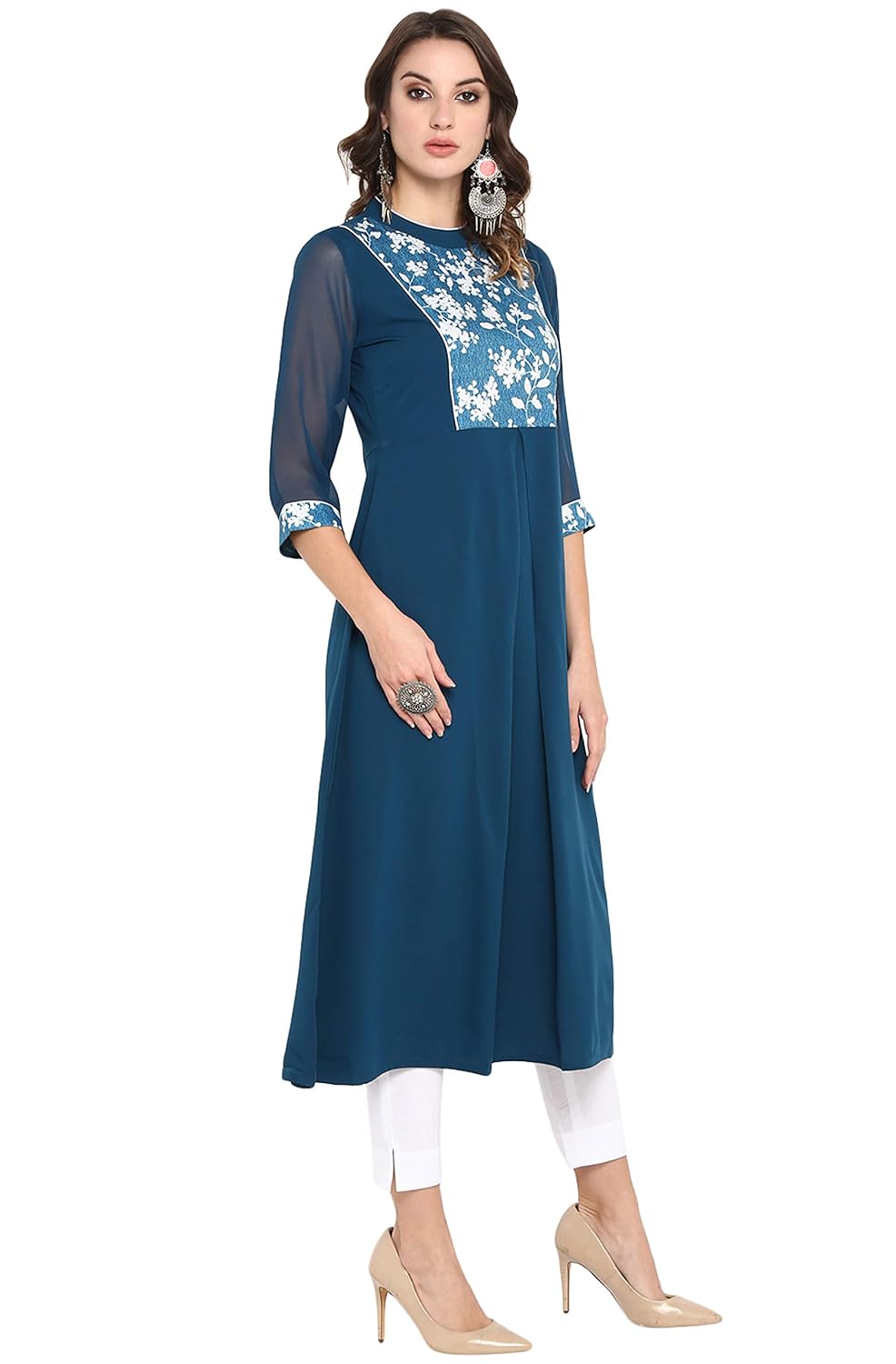 Janasya Women's Turquoise Blue Poly Crepe Floral Print A-line Kurta
