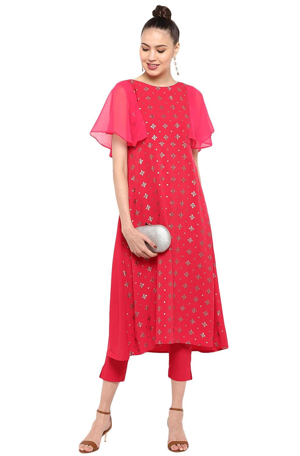 Janasya Women's Crepe A-line Kurta with Pant Pink