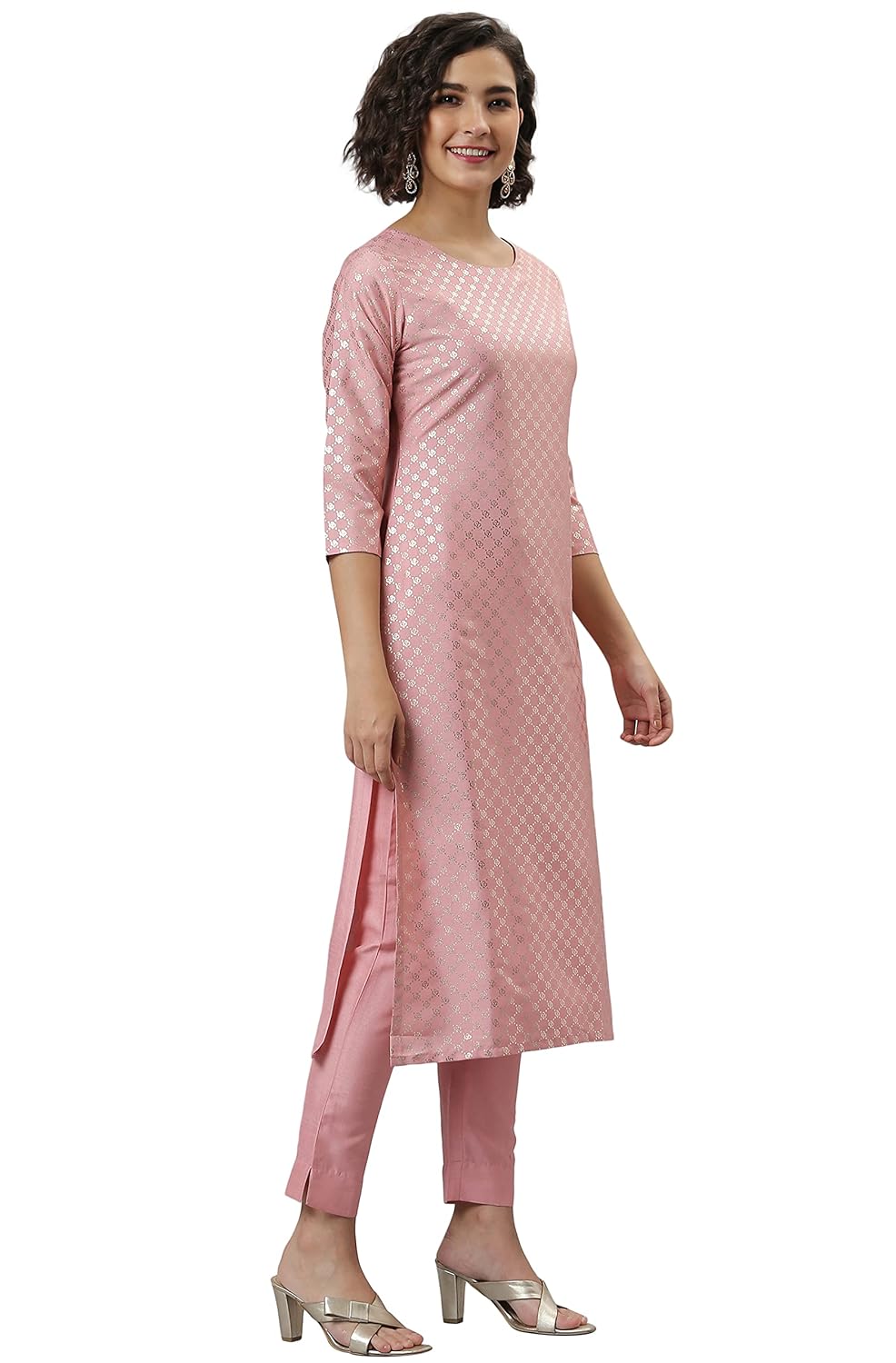 Janasya Women's Pink Poly Silk Floral Print Kurta with Pant