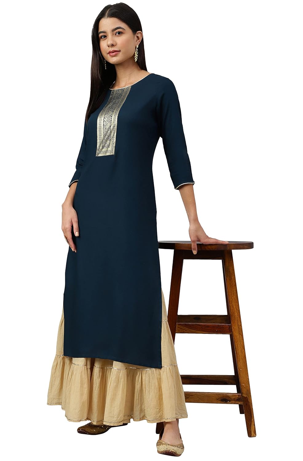 Janasya Women's Teal Rayon Solid Straight Kurta