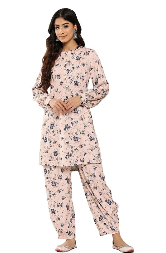 Janasya Women's Light Peach Crepe Digital Printed Co-ords Set