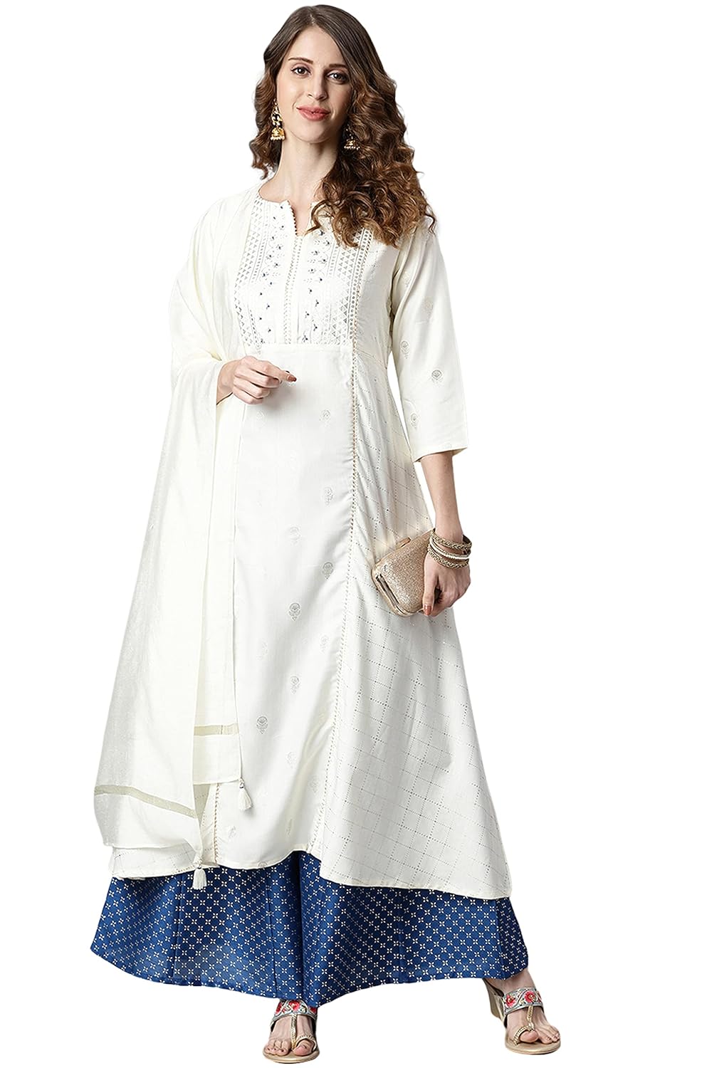 Janasya Women's Off- White and Silver Poly Silk Kurta With Palazzo and Dupatta