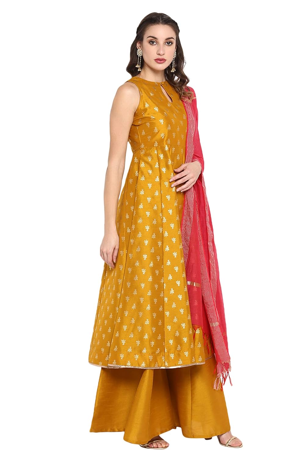 Janasya Women's Mustard Poly Silk Gold Print Kurta with Palazzo and Dupatta