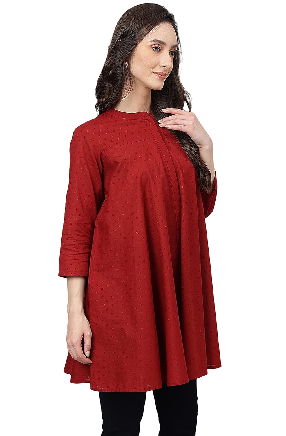 Janasya Women's Maroon Dobby Cotton Solid A-Line Tunic
