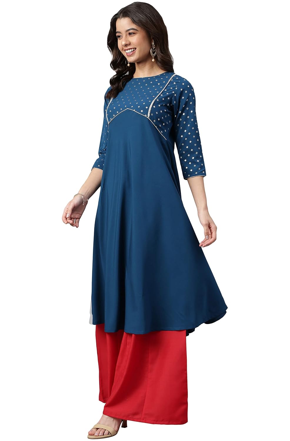 Janasya Women's Teal Poly Crepe Printed A-line Kurta