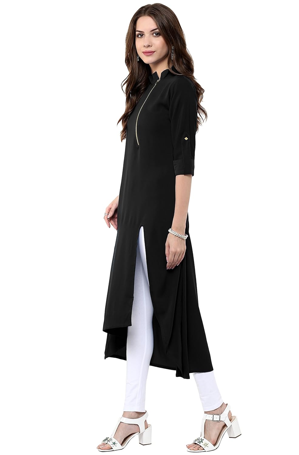 Janasya Women's Poly Crepe Solid High Low Kurta Black