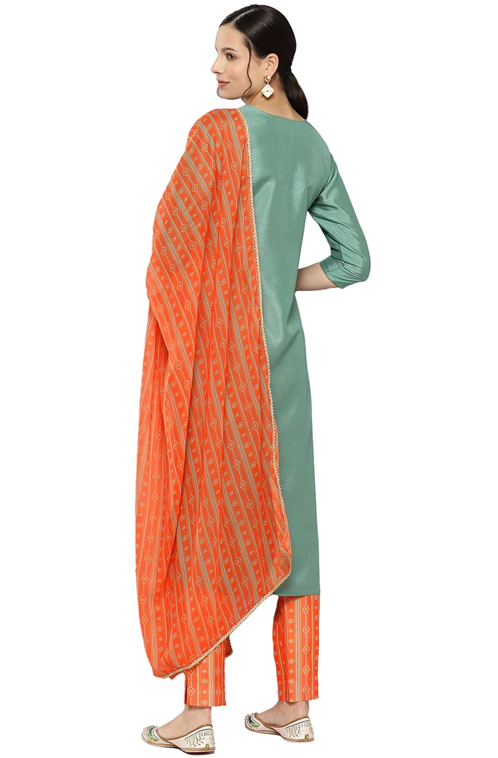 Janasya Women's Sage Green Crepe Silk Yoke Embroidered Solid Kurta with Pant and Dupatta