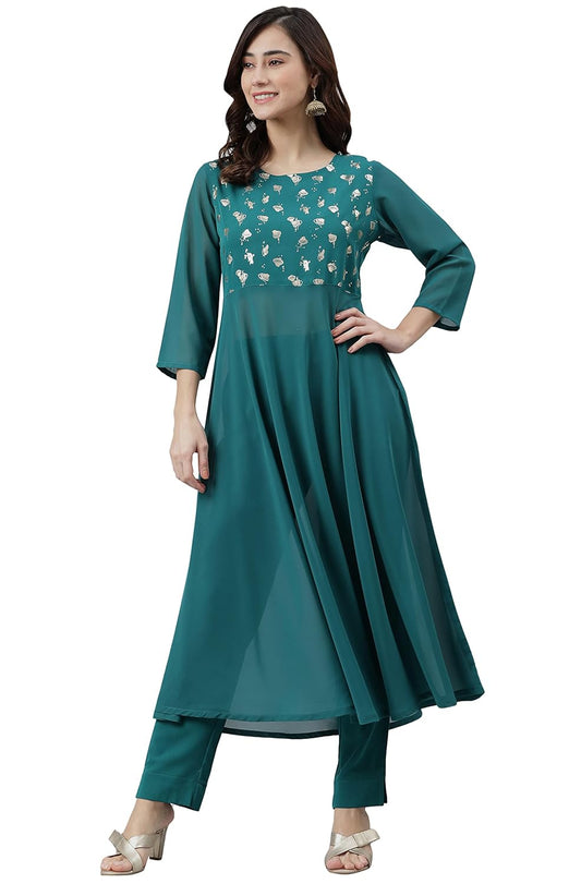Janasya Women's Teal Green Poly Crepe Kurta with Pant - S