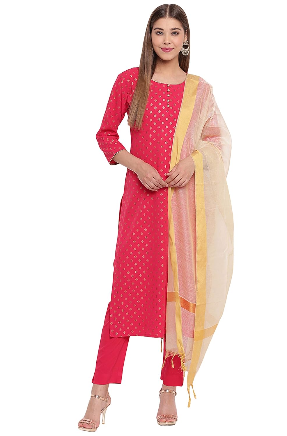 Janasya Women's Pink Poly Crepe Straight Kurta with Pant and Dupatta