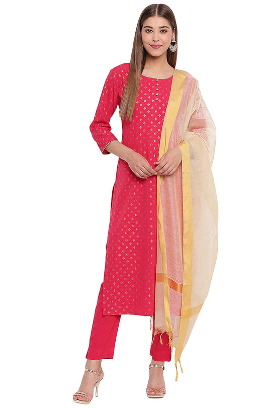Janasya Women's Pink Poly Crepe Straight Kurta with Pant and Dupatta