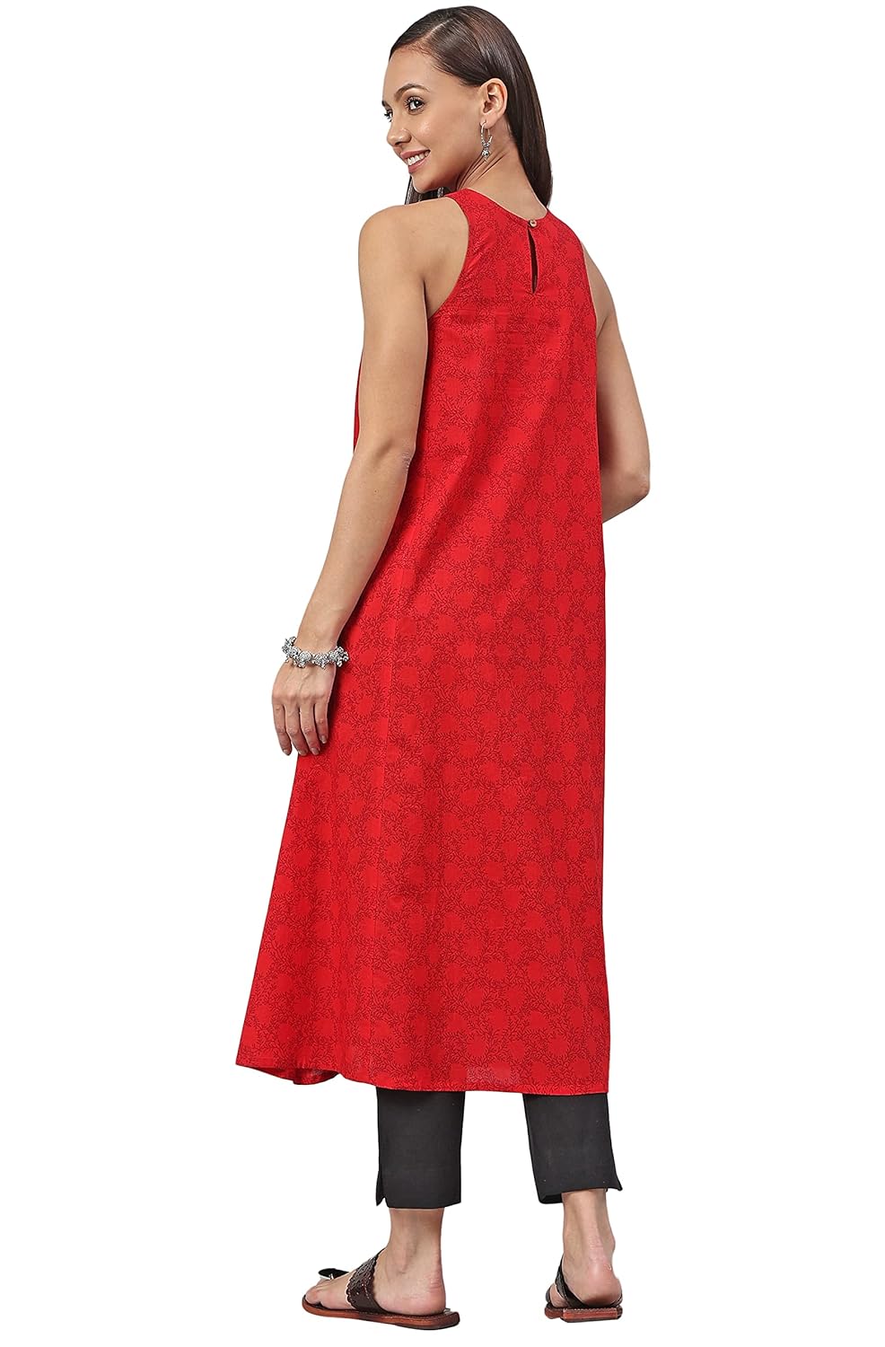 Janasya Women's Red Cotton Botanical Print Flared Kurta