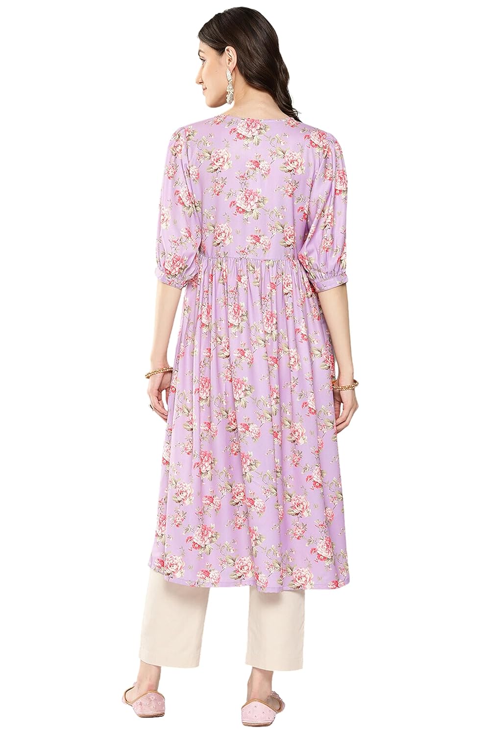 Janasya Women's Lavender Moss Digital Floral Printed Flared Kurta