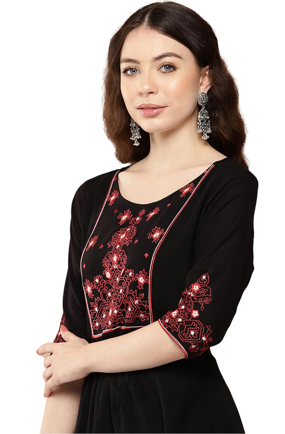 Janasya Women's Black Rayon Yoke Embroidered A-Line Kurta