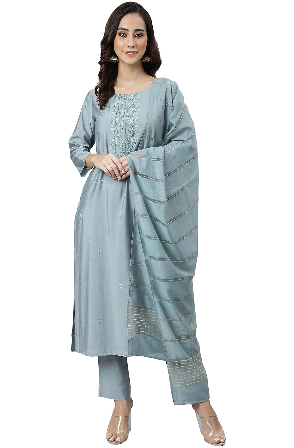 Janasya Women's Dusty Blue Viscose Blend Embroidered Kurta with Pant