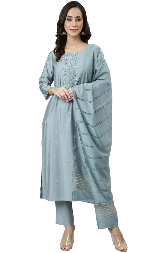 Janasya Women's Dusty Blue Viscose Blend Embroidered Kurta with Pant