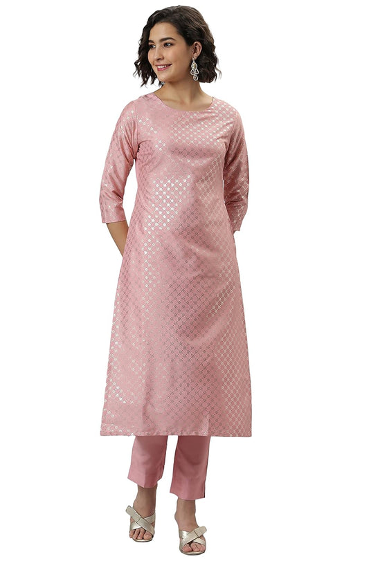 Janasya Women's Pink Poly Silk Floral Print Kurta with Pant