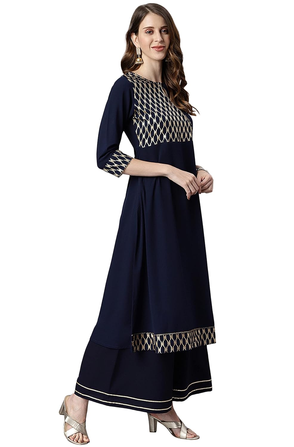 Janasya Women's Navy Blue Poly Crepe Kurta