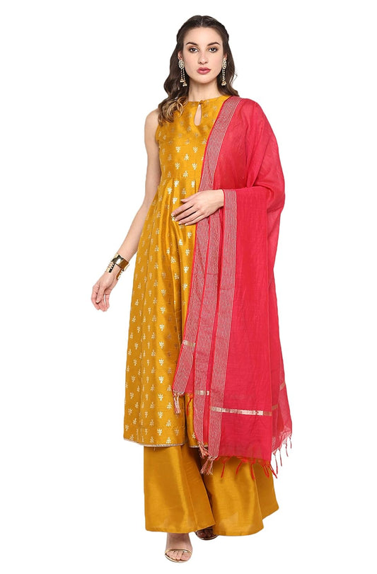 Janasya Women's Mustard Poly Silk Gold Print Kurta with Palazzo and Dupatta