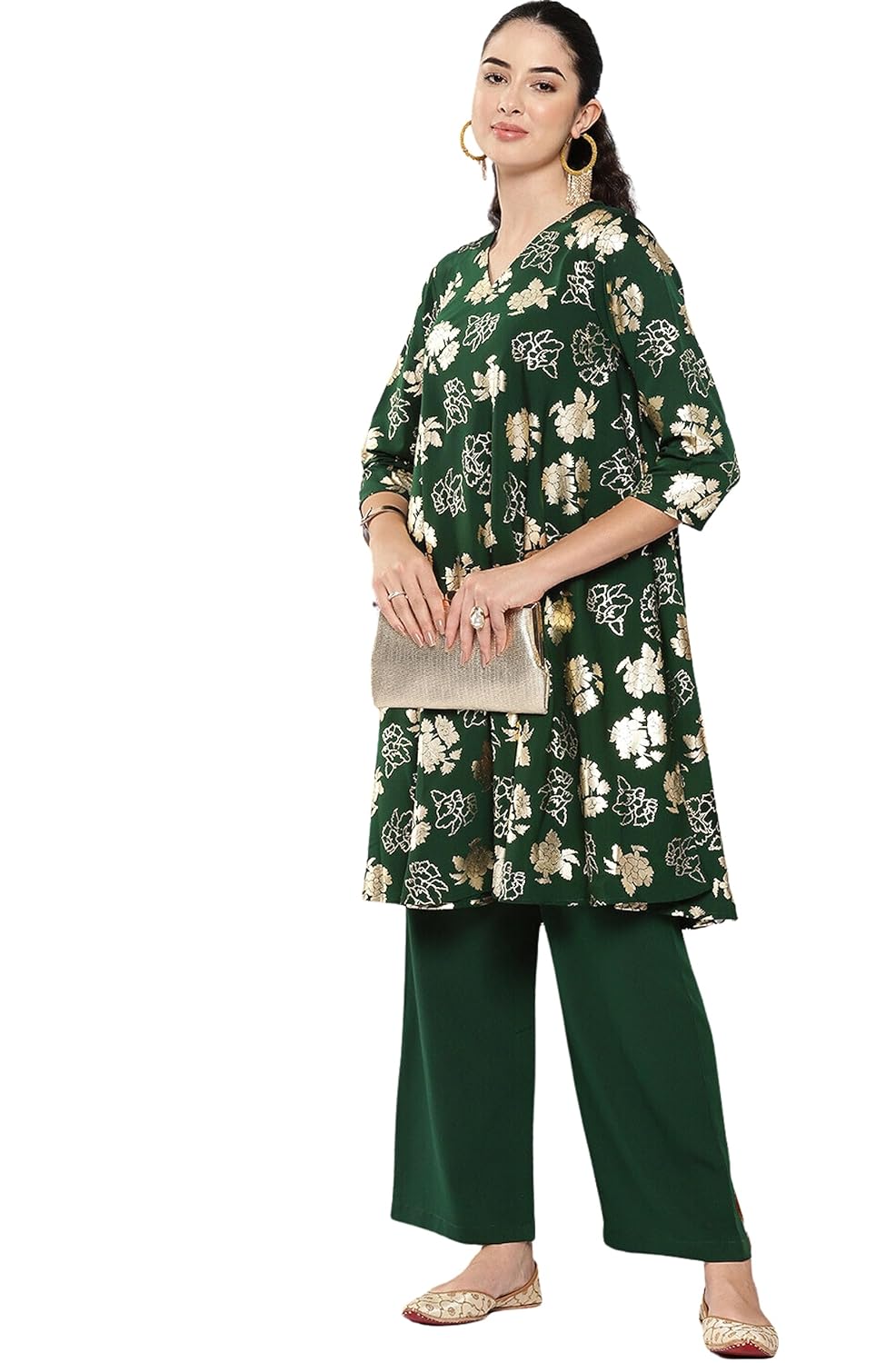 Janasya Women's Bottle Green Crepe Foil Printed Short Kurta with Palazzo