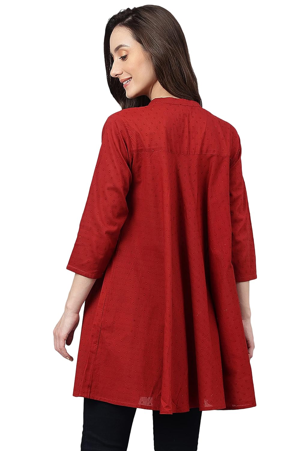 Janasya Women's Maroon Dobby Cotton Solid A-Line Tunic