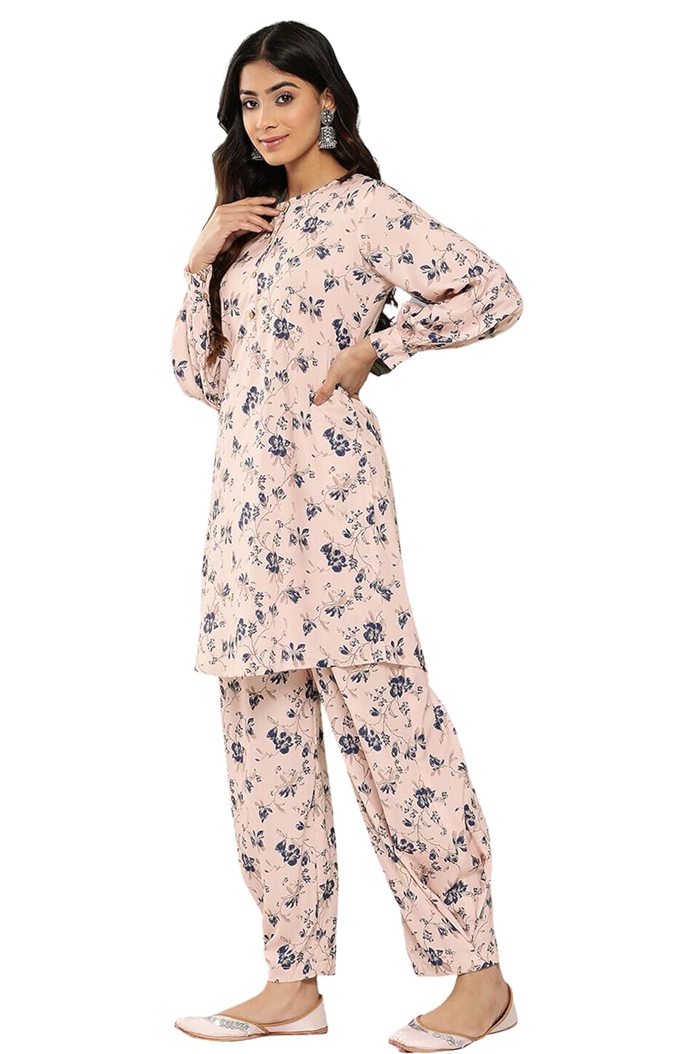 Janasya Women's Light Peach Crepe Digital Printed Co-ords Set
