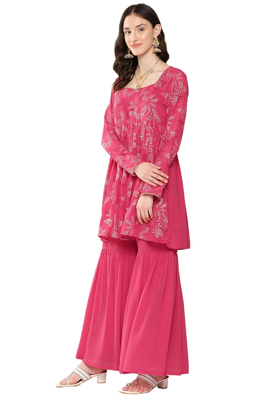 Janasya Women's Pink Georgette Foil Printed Short Kurta with Sharara