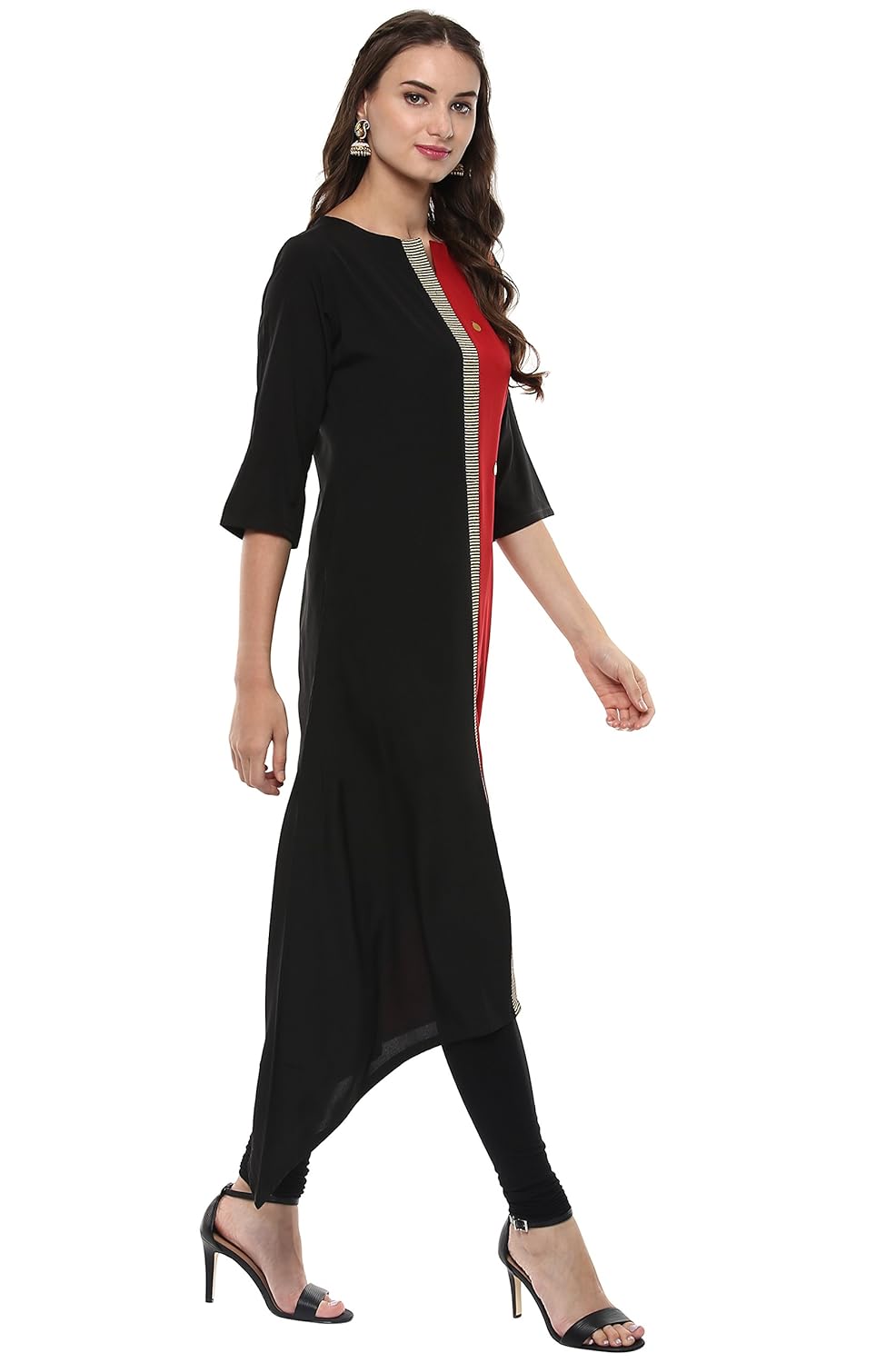 Janasya Women's Black and Red Poly Crepe Asymmetric Kurta