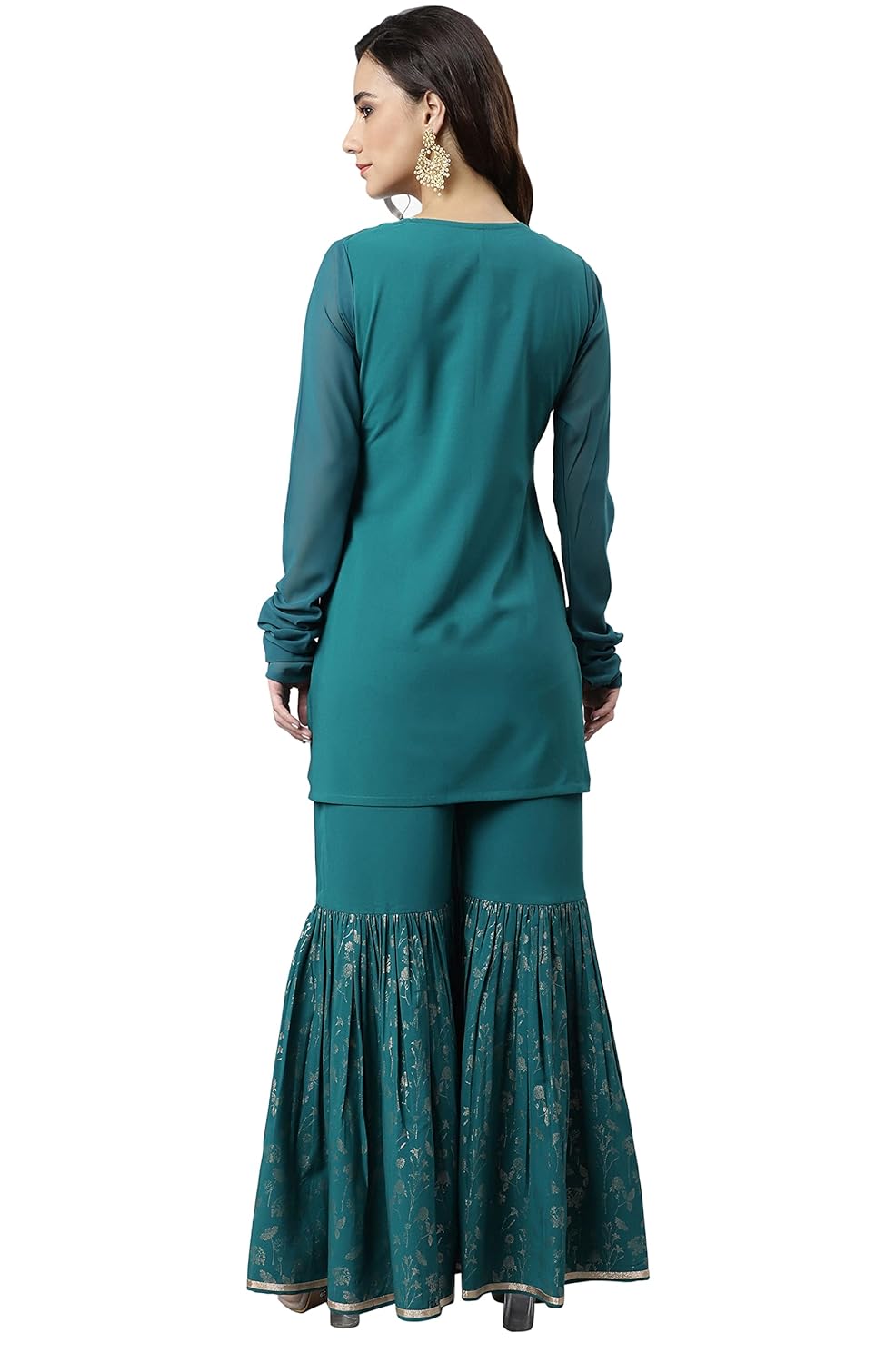 Janasya Women's Teal Crepe Gold Print Kurta with Gharara