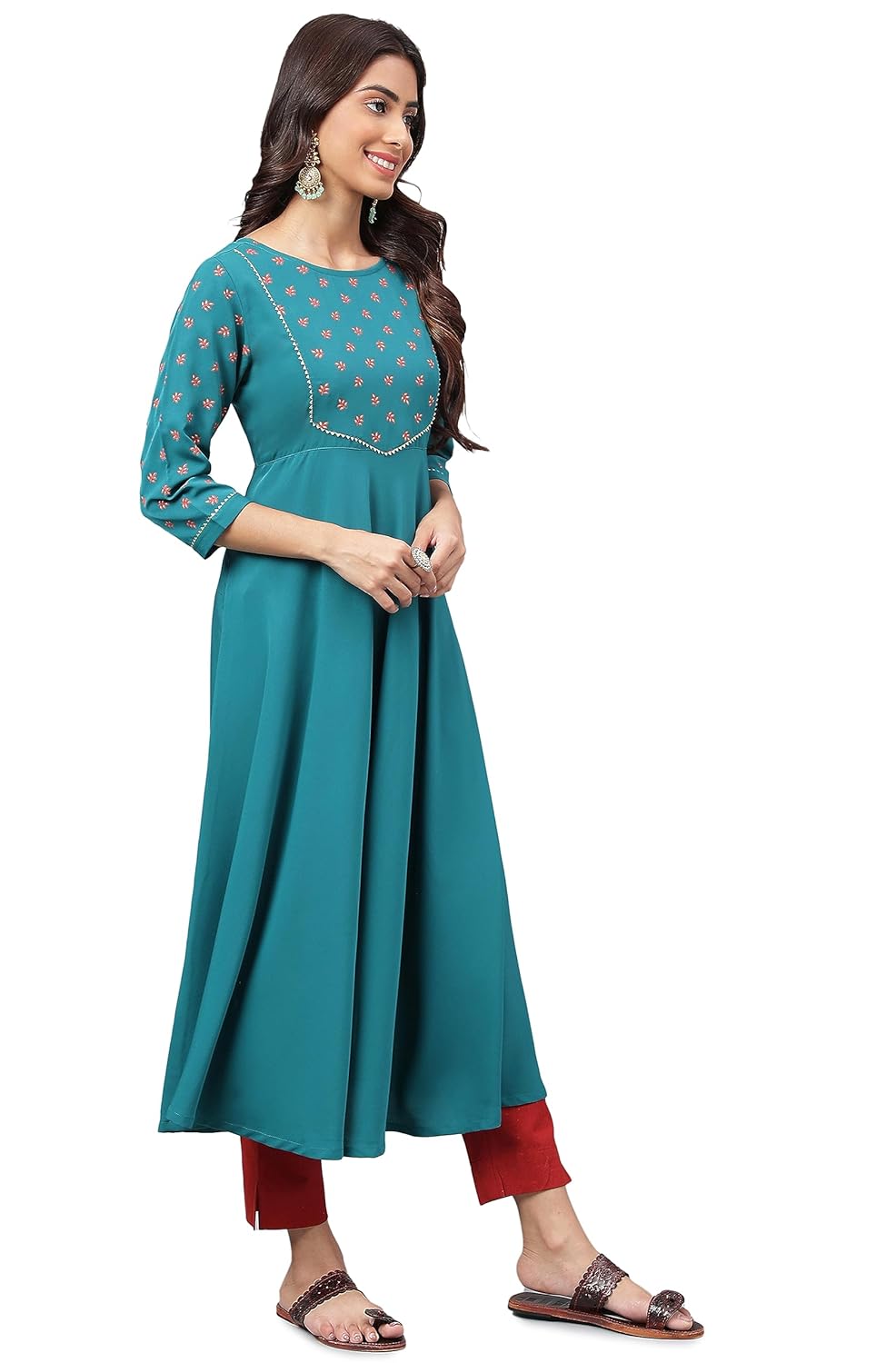 Janasya Women's Dark Green Crepe Foil Printed A-Line Kurta