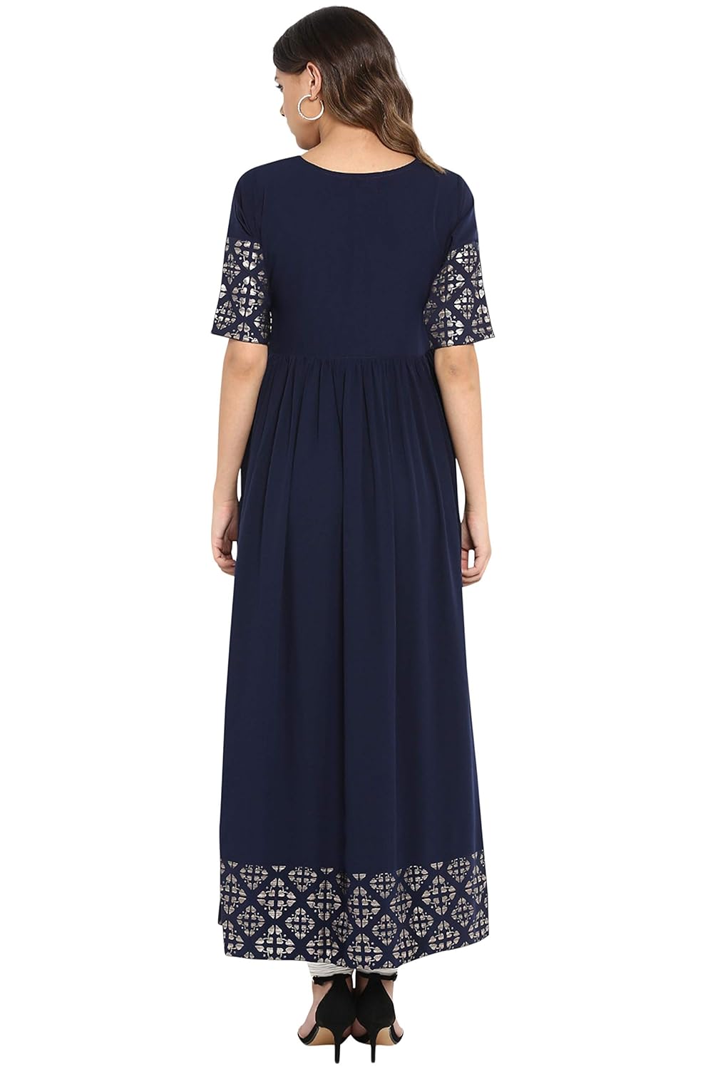 Janasya Women's Poly Crepe Gold Print Flared Kurta Navy Blue
