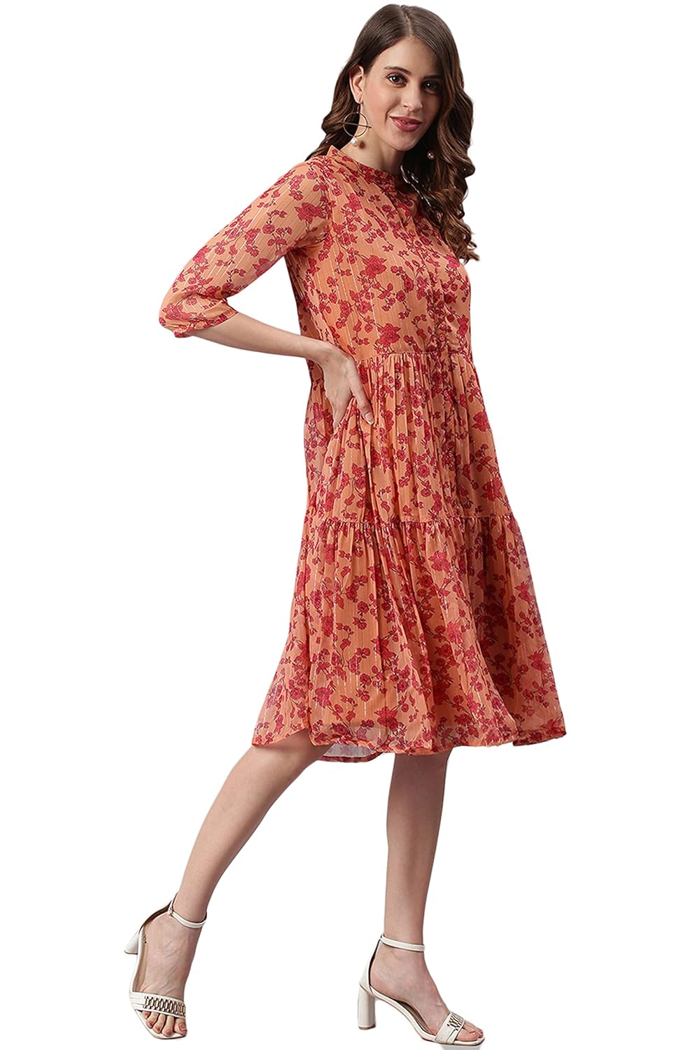 Janasya Women's Orange Poly Georgette Floral Flared Western Dress