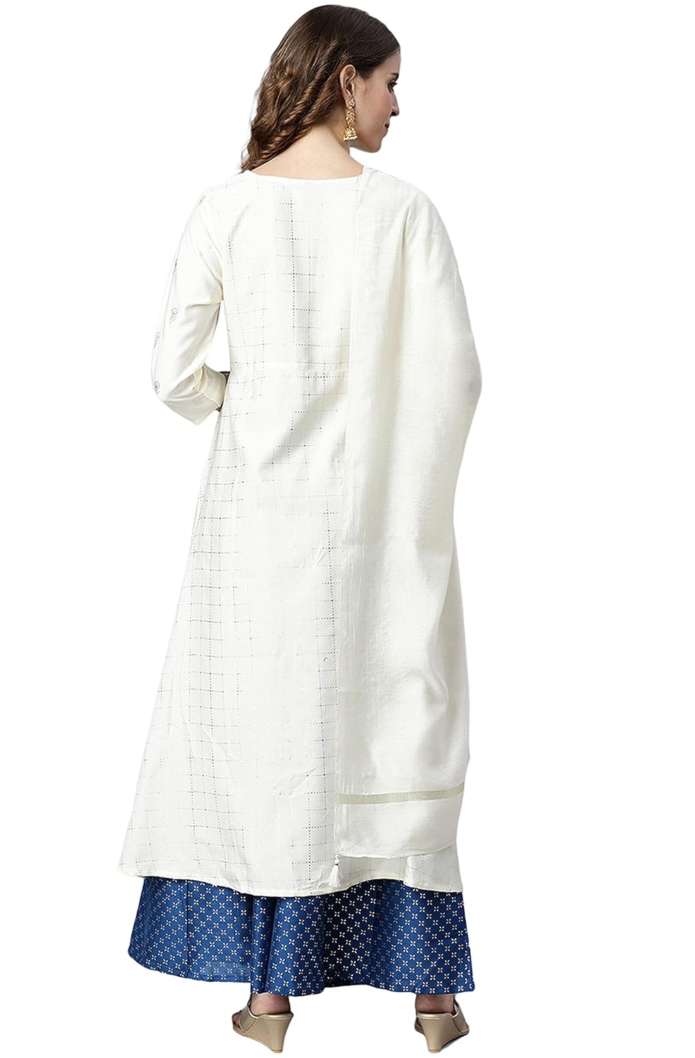 Janasya Women's Off- White and Silver Poly Silk Kurta With Palazzo and Dupatta