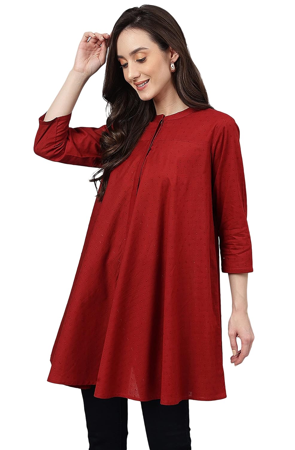 Janasya Women's Maroon Dobby Cotton Solid A-Line Tunic