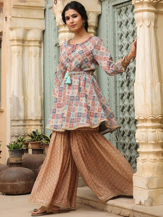 SCAKHI Women Blue Printed Crochet Work Belted Kurti with Sharara