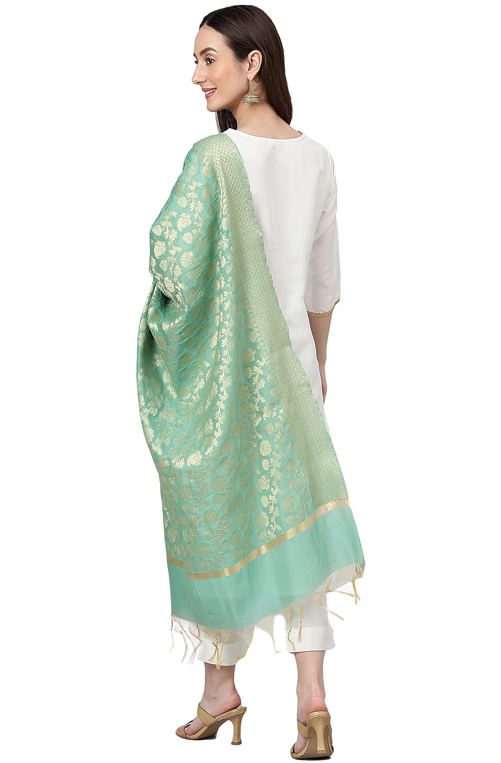 Janasya Women's Off White Crepe Silk Solid Kurta with Pant and Dupatta