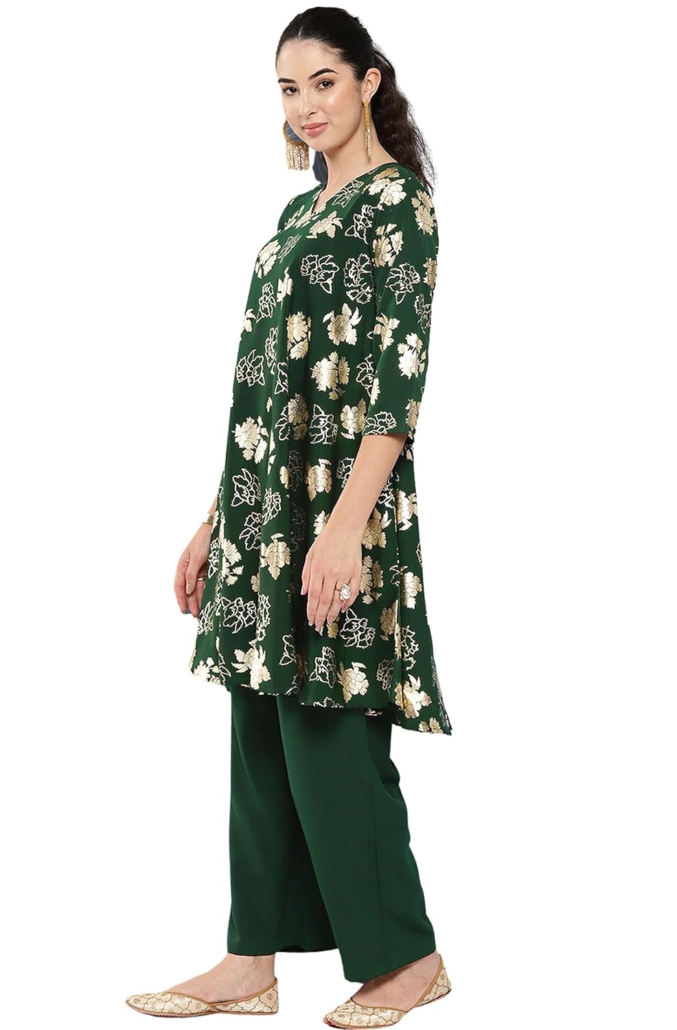 Janasya Women's Bottle Green Crepe Foil Printed Short Kurta with Palazzo
