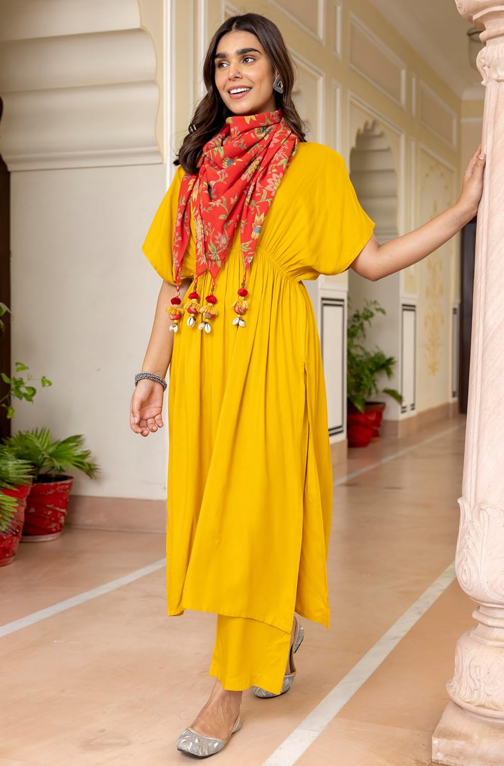 Janasya Women's Mustard Rayon Solid Kurta with Palazzo and Scarf