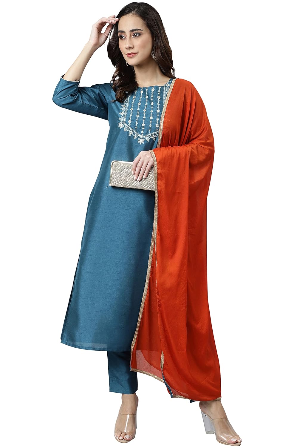Janasya Women's Teal Poly Silk Solid Kurta with Pant and Dupatta