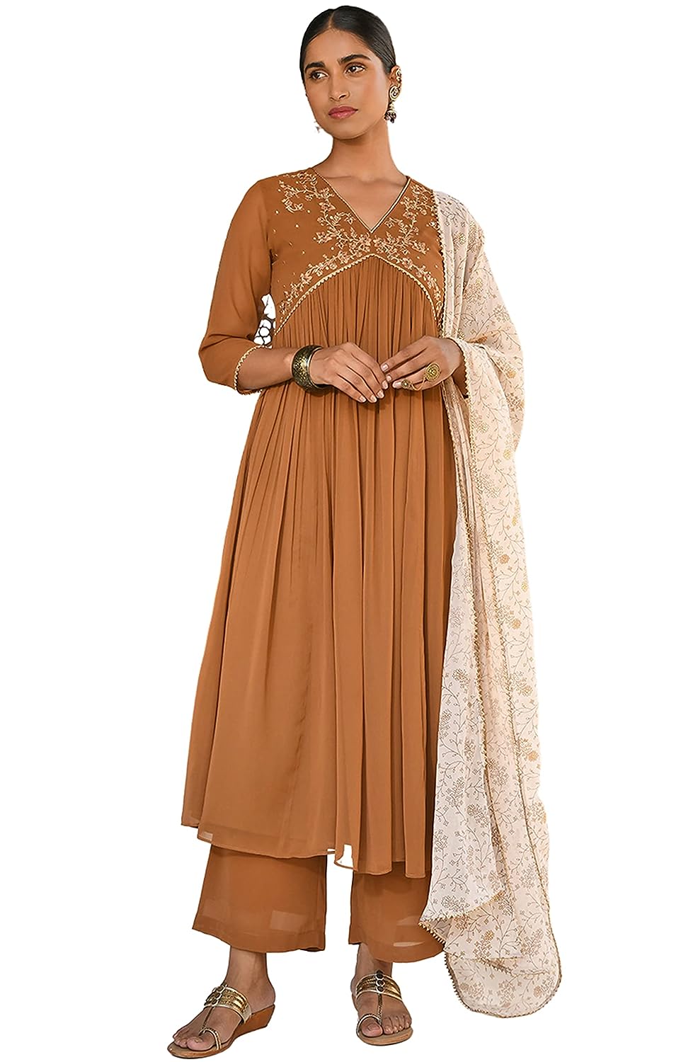 Janasya Women's Brown Georgette Floral Embroidery Kurta with Palazzo and Dupatta