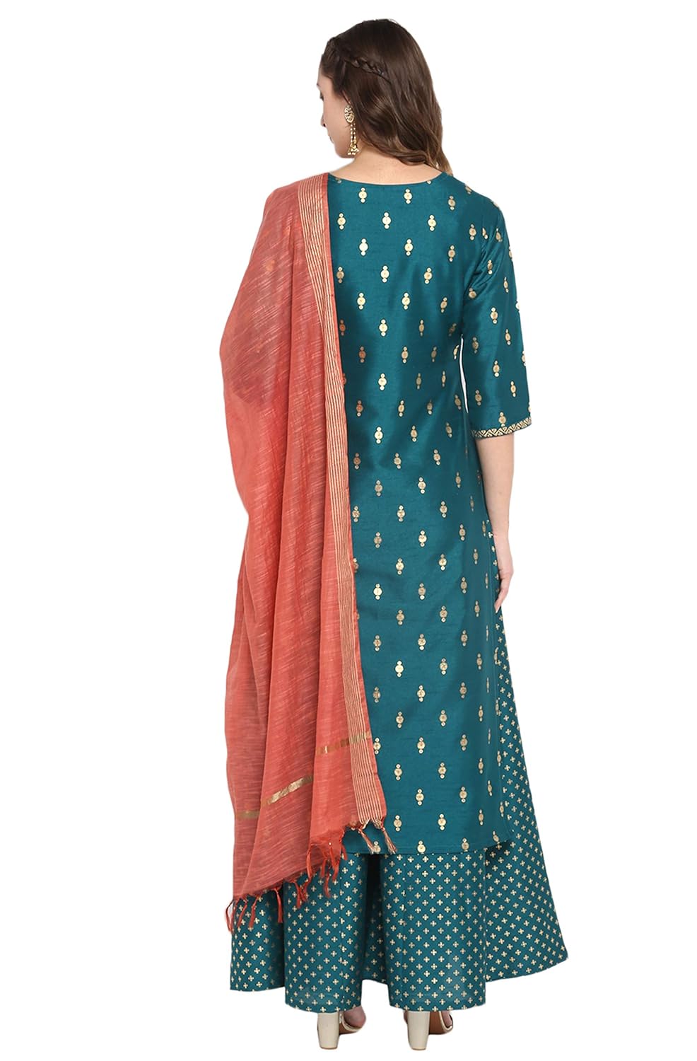 Janasya Women's Peacock Green Poly Silk Gold Print Kurta with Palazzo and Dupatta