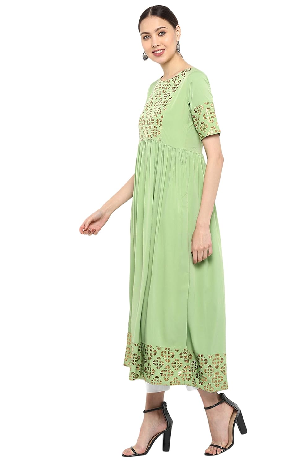 Janasya Women's Poly Crepe Gold Print Flared Kurta Green