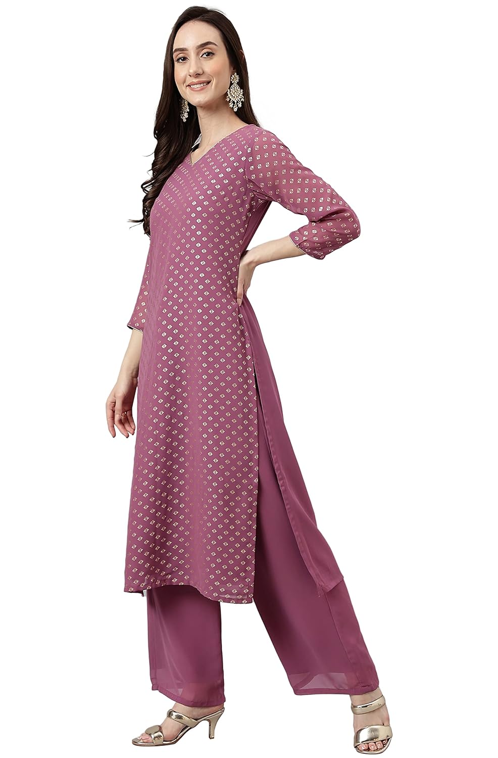 Janasya Women's Purple Georgette Foil Print Kurta with Palazzo and Dupatta